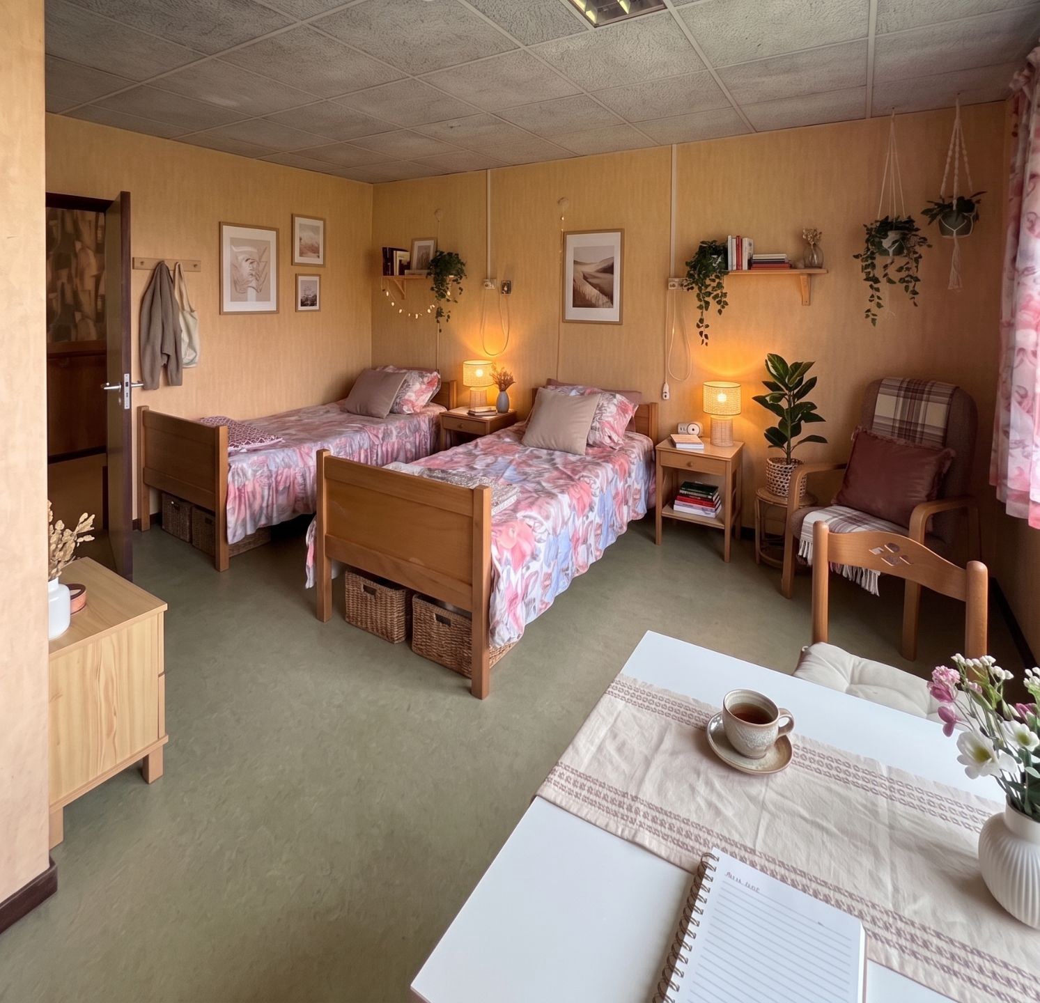 Chambre à deux lits avec lampes de chevet, cadres, étagères et fauteuil