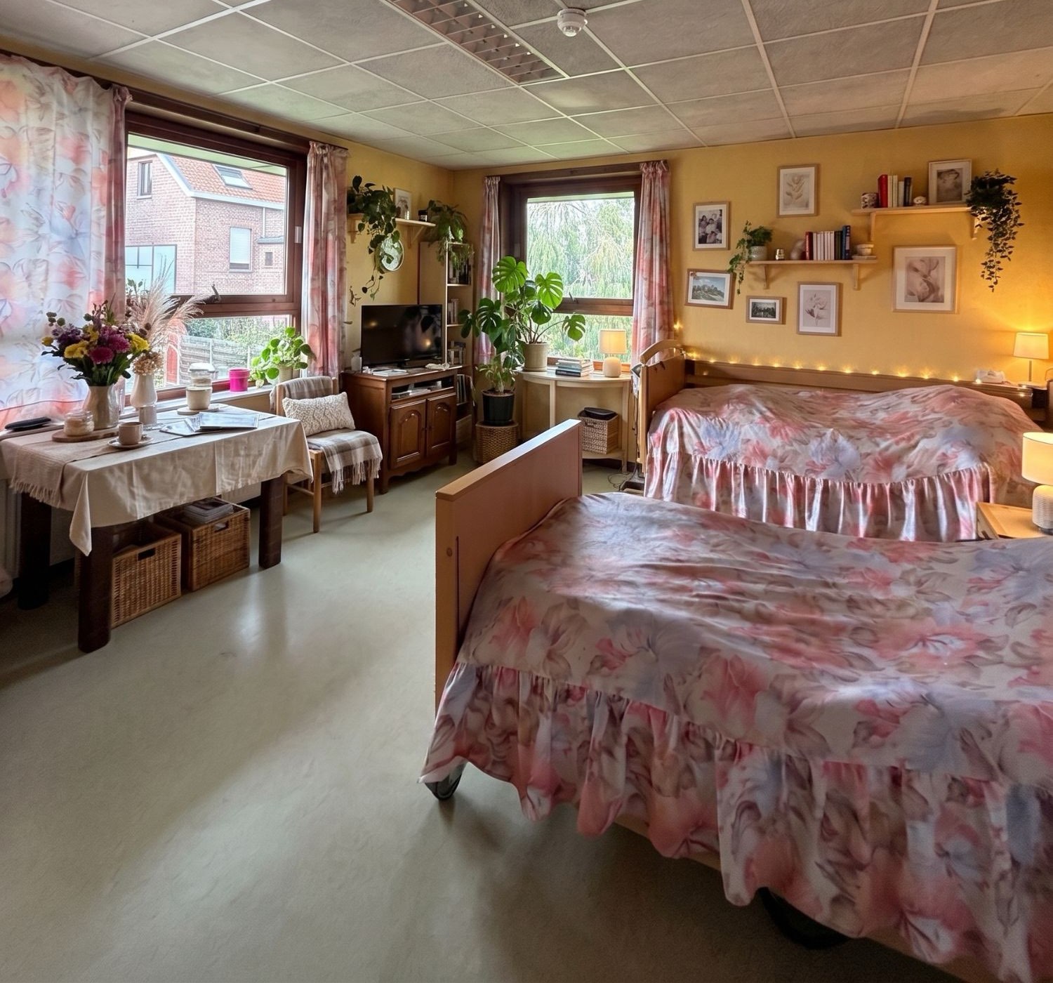 Grande chambre à deux lits avec coin salon, deux fenêtres, plantes et télévision